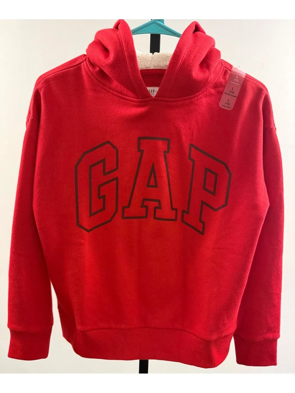159. NWT! GAP Kids•Red Sherpa-Lined Logo Hoodie•Size L (10)